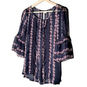 Woman's LC Lauren Conrad Boho Sheer Top Blue Flowers Small